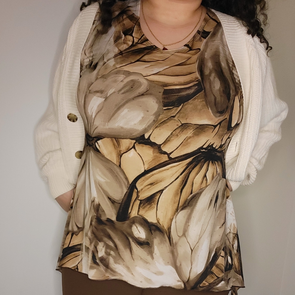 Vintage Y2K Dressbarn Brown Floral Butterfly Top – Size Large